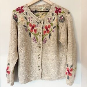 L.L. Bean Cream Floral Cardigan Sweater
